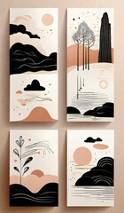 Four abstract landscape paintings with black and pink elements