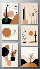 Abstract mid century modern botanical illustrations with organic shapes and textures