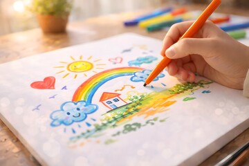 Child Drawing Colorful Rainbow Illustration on Paper