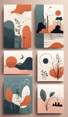 Abstract mid century modern art collection with organic shapes and earth tones