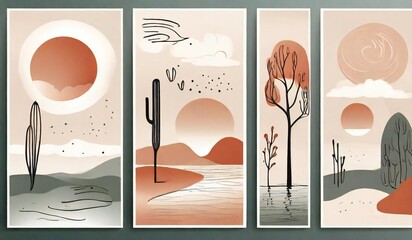 Abstract desert landscape art panel set with sun and cacti