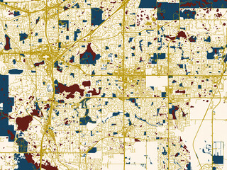 Fototapeta premium Urban map of Apple Valley, Minnesota in a flat palette: warm gold street grid over a cream background with bold deep-red water areas