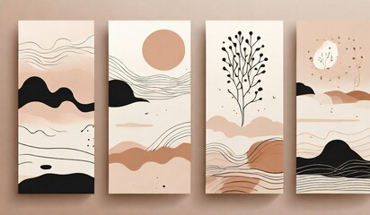 Abstract boho landscape art set with mountains and trees