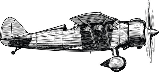 Vintage propeller airplane engraving flat vector with retro biplane design for antique aviation history classic flight adventure and aeronautical transportation © MstFerdushe
