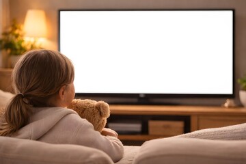 Child with Teddy Bear Watching Blank TV Screen at Home
