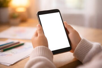 Kid Using Smartphone with White Screen Focus on Hand