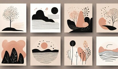 Collection of modern abstract art prints with organic shapes and minimalist designs
