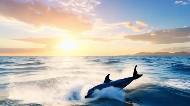 Two dolphins leaping from ocean at vibrant sunset with mountains