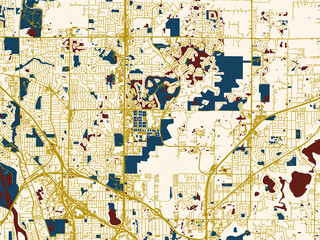 Fototapeta premium Urban map of Blaine, Minnesota in a flat palette: warm gold street grid over a cream background with bold deep-red water areas