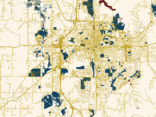 City map of Bloomington, Indiana &ndash; dark red water and warm gold roads