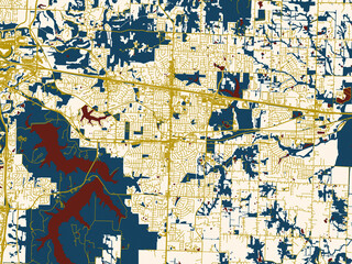 Naklejka premium Flat city map of Blue Springs, Missouri in gold street network with deep red water