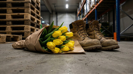 Industrial setting with boots and flowers warehouse still life photography urban environment ground level contrast of nature and industry