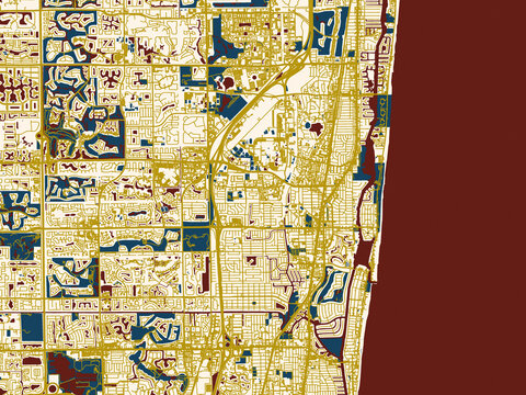 Modern graphic street map of Boca Raton, Florida, with warm gold street grid over a cream background with bold deep-red water areas