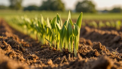 Green shoots emerge from fertile soil in agricultural field at sunrise