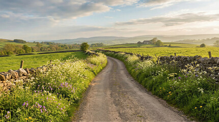 Obraz premium Peaceful country road serene green fields landscape photography rural setting natural beauty tranquility