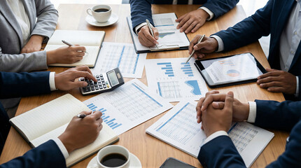 Business meeting analyzing financial data office document professional environment top view collaboration insights