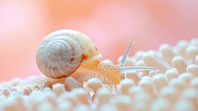 Close-up macro shot of a delicate snail with spiral shell on textured surface