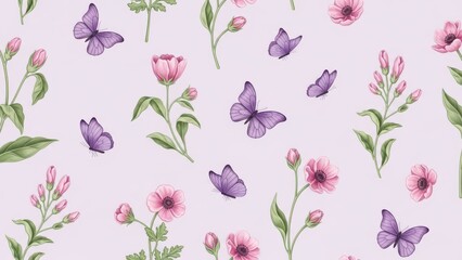 Beautiful floral pattern with purple butterflies and pink flowers