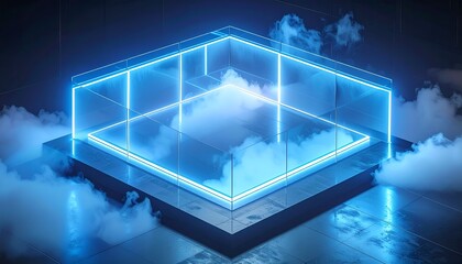 Cube-shaped neon platform with ethereal fog and glowing blue lights