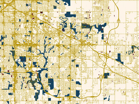 Flat city map of Broken Arrow, Oklahoma in gold street network with deep red water