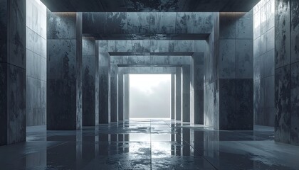 Concrete corridor with receding archways, bright light at end