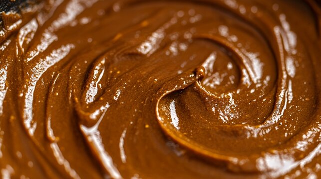 Close up of rich glossy swirl of thick thai peanut satay sauce