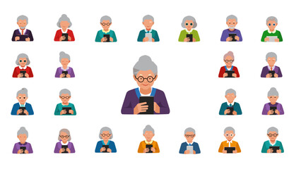 Fototapeta premium A colorful vector graphic illustration of a senior woman surrounded by smaller versions of herself in various colors