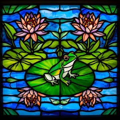 Fototapeta premium Stained glass green frog in the pond with water lily flowers and lily pads 