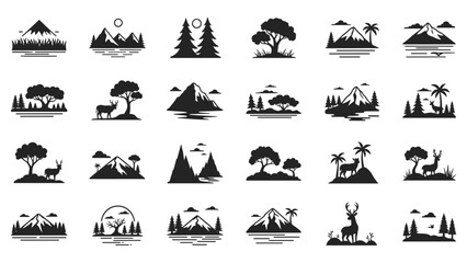 A collection of minimalist nature icons featuring mountains, trees, and wildlife in a flat design style.