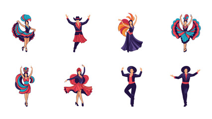 A vibrant vector graphic illustration of eight flamenco dancers in various dynamic poses