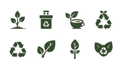 A set of green vector icons illustrating eco-friendly concepts and recycling symbols