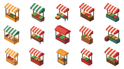 A colorful vector graphic illustration of multiple market stalls with striped awnings and various goods on display