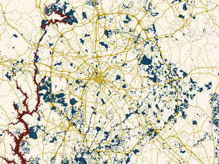 Fototapeta premium Abstract city map of Charlotte North, Carolina with dark red water and warm gold roads