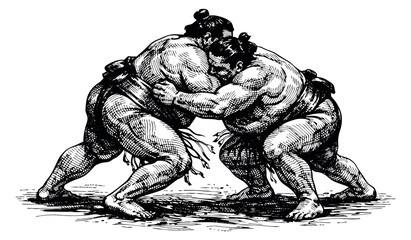 Fototapeta premium Hand drawn line art illustration of two sumo wrestlers depicting grappling for sports competition