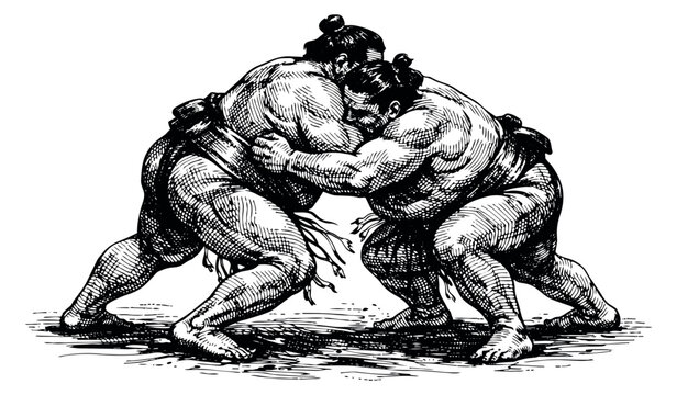 Hand drawn line art illustration of two sumo wrestlers depicting grappling for sports competition