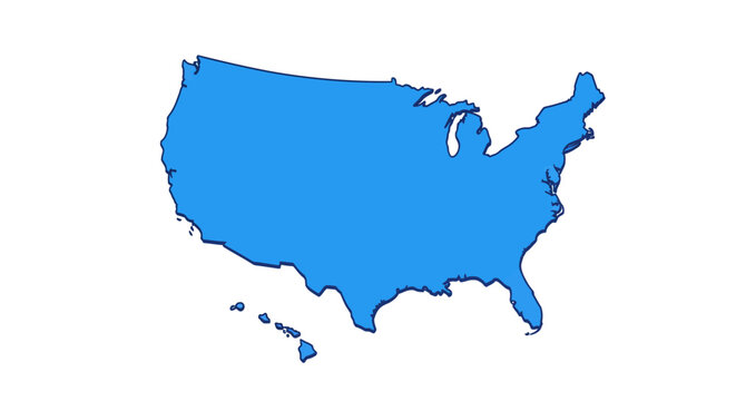 Minimalist blue vector map of the United States, clearly outlining the contiguous states, Alaska, and Hawaii. Perfect for educational, informational, and design applications
