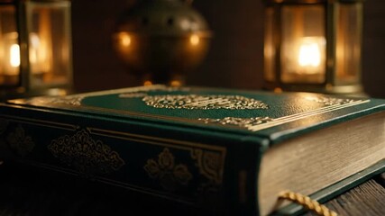 A beautifully crafted, ornate book with a deep green cover adorned with intricate golden patterns rests on a rustic wooden surface. The scene is bathed in a warm, ambient glow emanating from blurred t