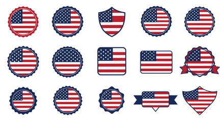 Collection of American flag badges and emblems in various shapes and designs