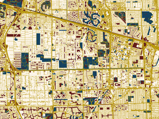 Fototapeta premium Modern graphic street map of Davie, Florida, with warm gold street grid over a cream background with bold deep-red water areas