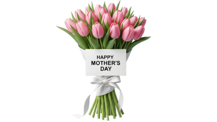 Happy mother's day pink tulips bouquet isolated on transparent background