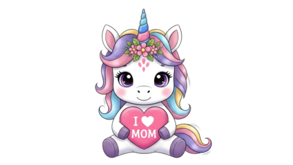Cute unicorn holding i love mom heart for mother's day isolated on transparent background