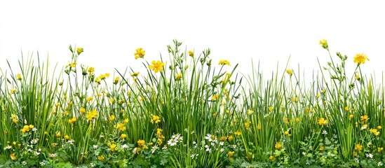 Fototapeta premium Wildflower Meadow with Lush Green Grass and Yellow Flowers on White Background