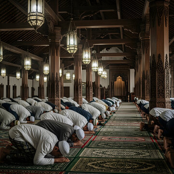Muslim men in traditional clothing performing sujud or prostration during congregational prayer in a wooden mosque.
