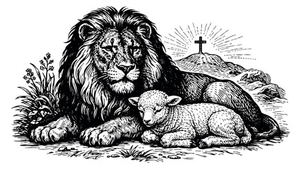 Vintage line art illustration of a lion and a lamb depicting peace and religious symbolism for spiritual designs