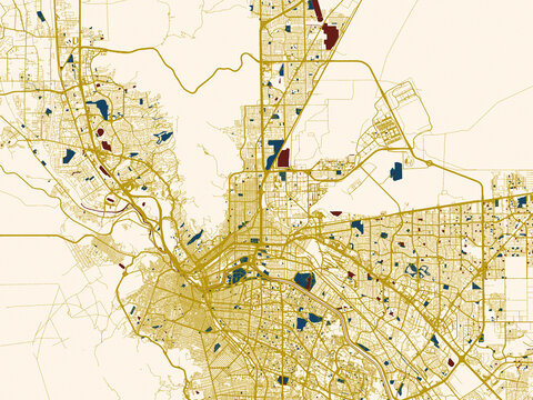 Flat city map of El Paso, Texas in dark red water and warm gold roads