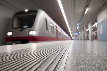 Arriving train on an empty subway platform