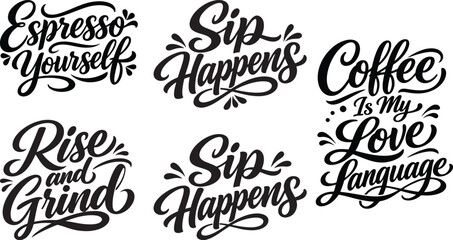 Coffee Quotes Hand Lettering Typography Set in Black and White