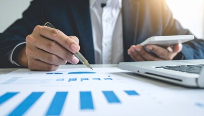 Business person analyzes financial charts with pen and phone