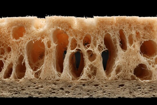 Close up view of a rough porous baked bread structure