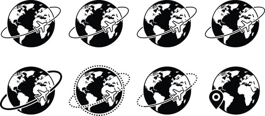 Global travel icons vector illustration set with airplane orbiting world map, black silhouette symbols for tourism, flight routes, international navigation  © Shoentesh